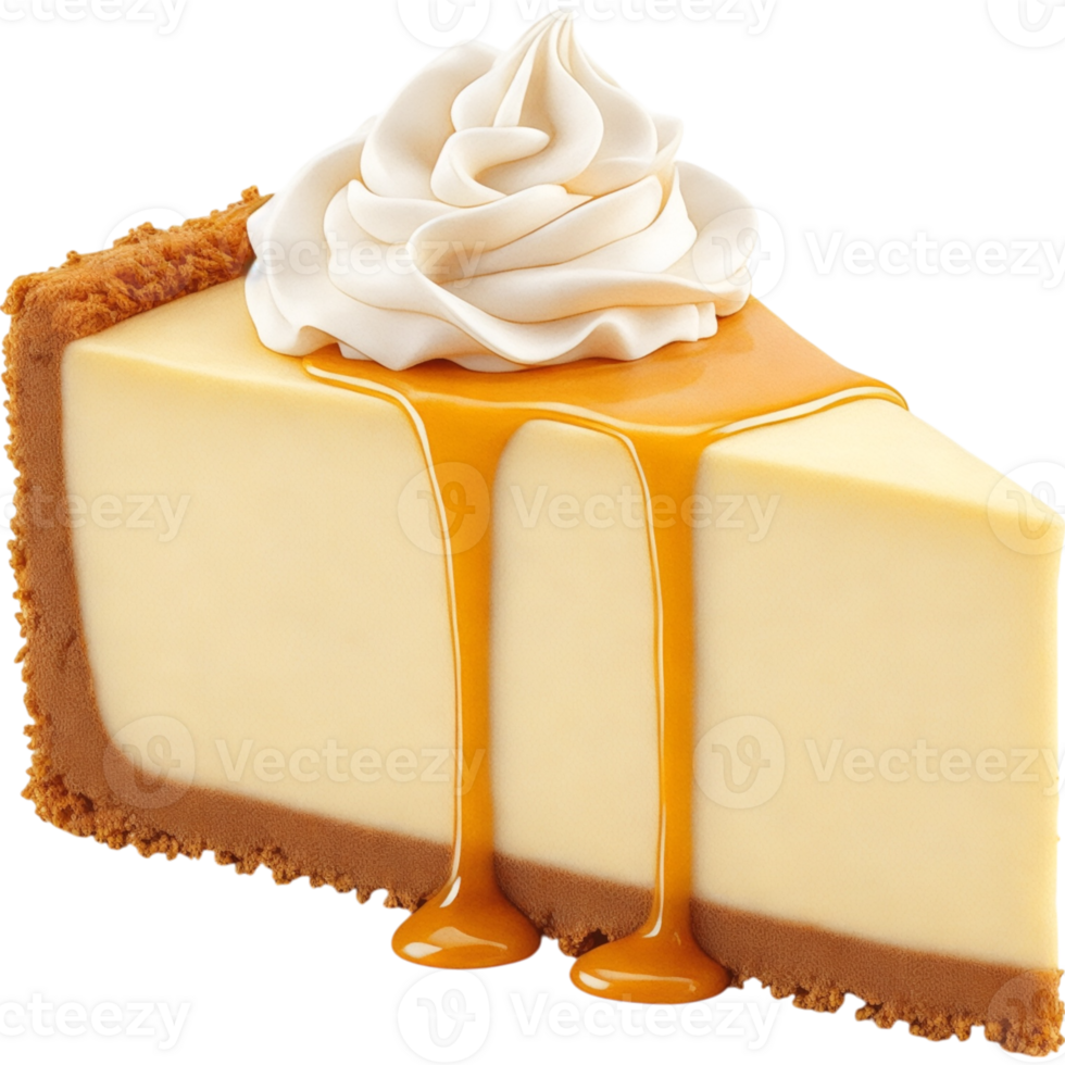 Slice of Cheesecake with Whipped Cream and Caramel Drizzle png