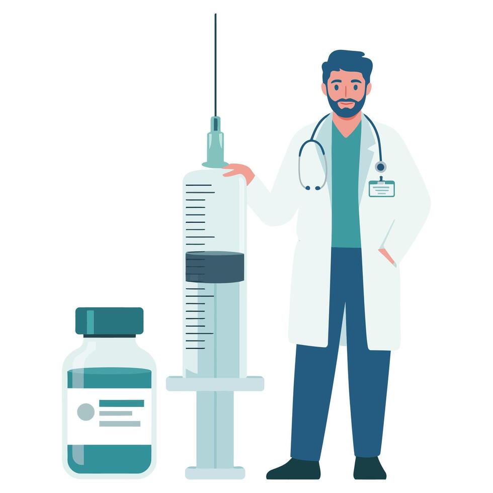 Doctor with syringe and medicine bottle vector