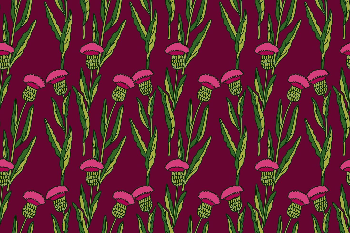 Botanical floral seamless pattern with cornflowers bouquet illustration. Repeating pink flowers with green leaves in burgundy background. Graphic design for Fashion Cover Textile Birthday Card vector