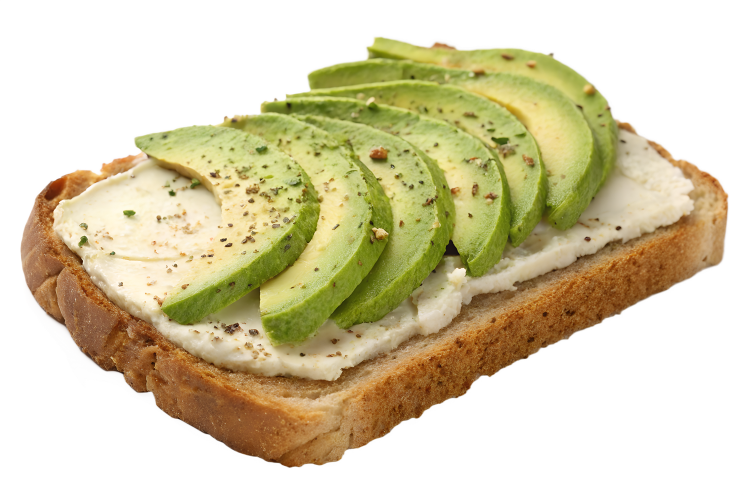 Fresh avocado toast with creamy cheese on crispy bread isolated on transparent background png