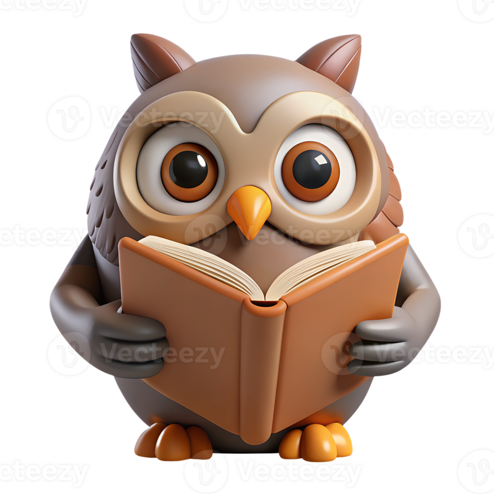 Cute cartoon owl reading book 3d illustration isolated on the transparent background. The symbol of wisdom png