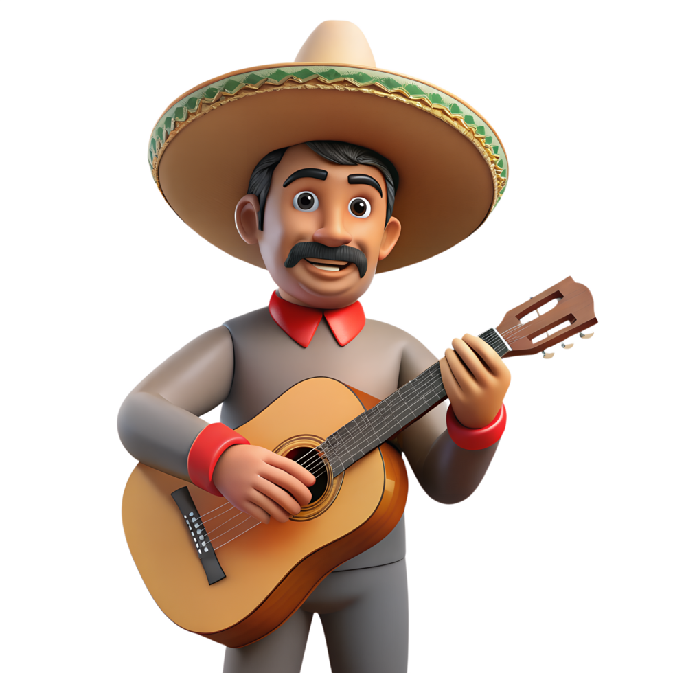 Cheerful mexican man wearing sombrero playing guitar 3d illustration isolated on the transparent background png