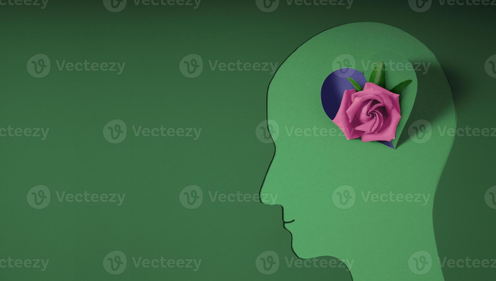 Mental Health Awareness Month Concept. Self Care, Positive Thinking, Happy and Optimistic Mind. Paper cut as a Head with a Rose Flowers on Brain photo