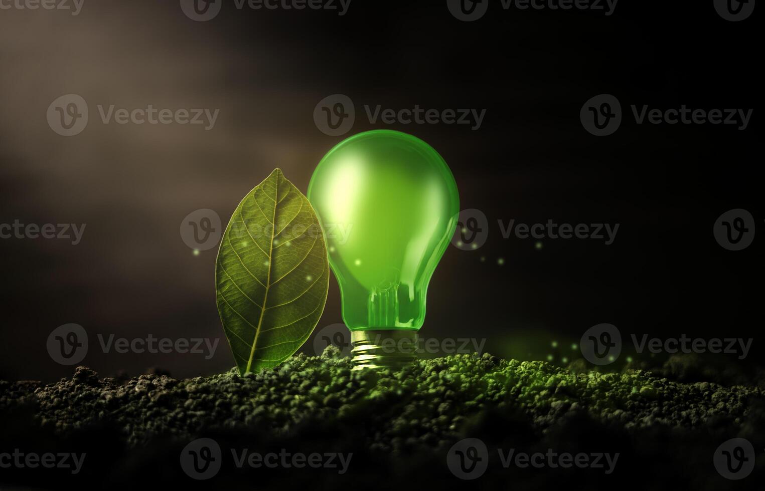 Green Energy, Renewable and Sustainable Resources in Environmental Concept. a Green Leaf with Light Bulb Glow on Dark Soil photo