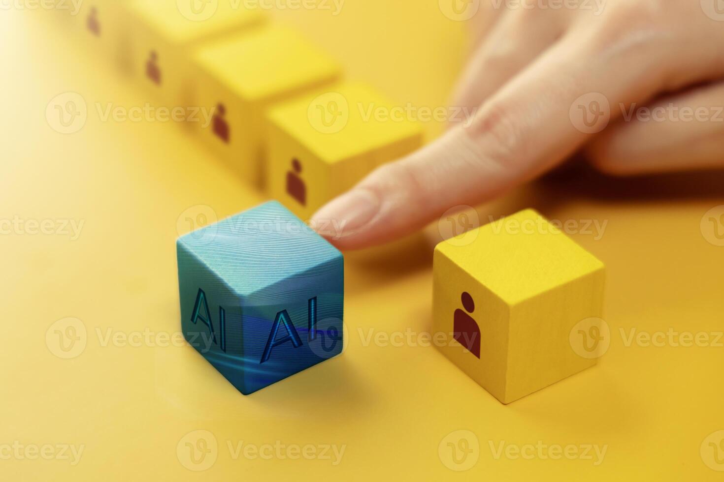 Unemployment Issue Impact from AI Technology Concept. Human Resource Choosing an AI Cube that Stand Out among many Human Worker photo