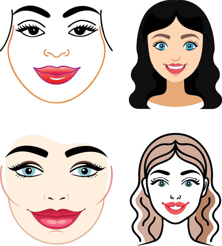 Four different female face illustrations with varied expressions and hair styles vector
