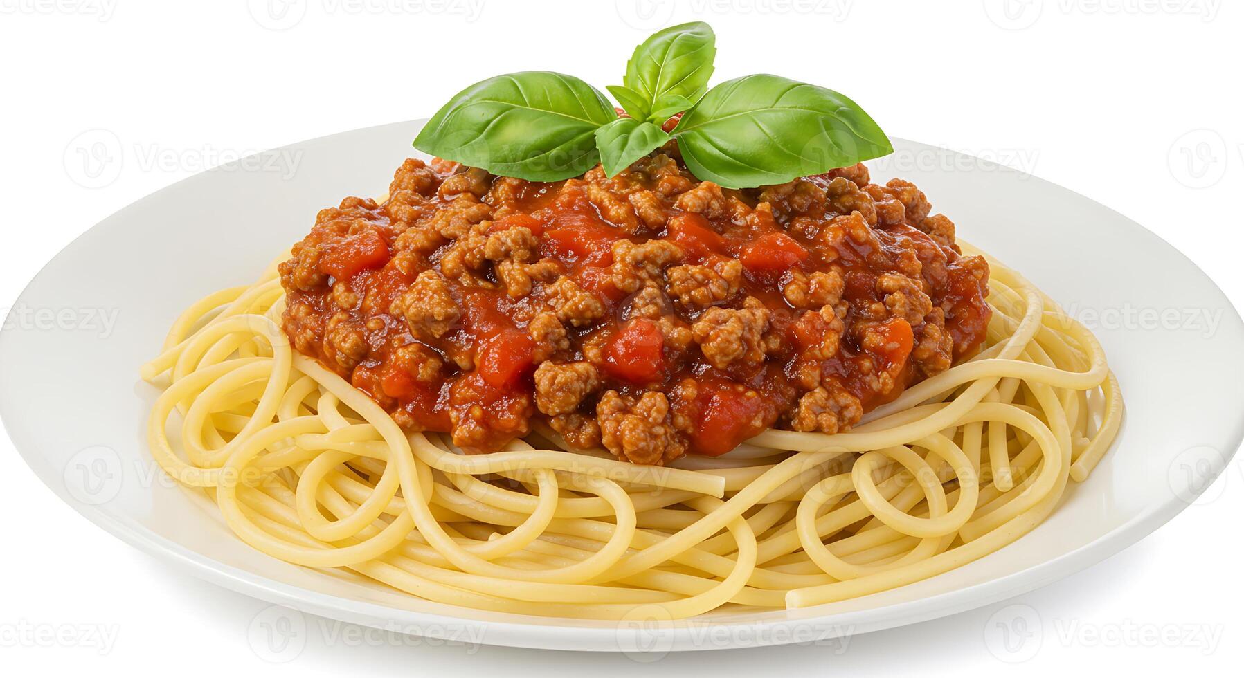 Spaghetti Bolognese with Fresh Basil on a White Plate Overhead photo