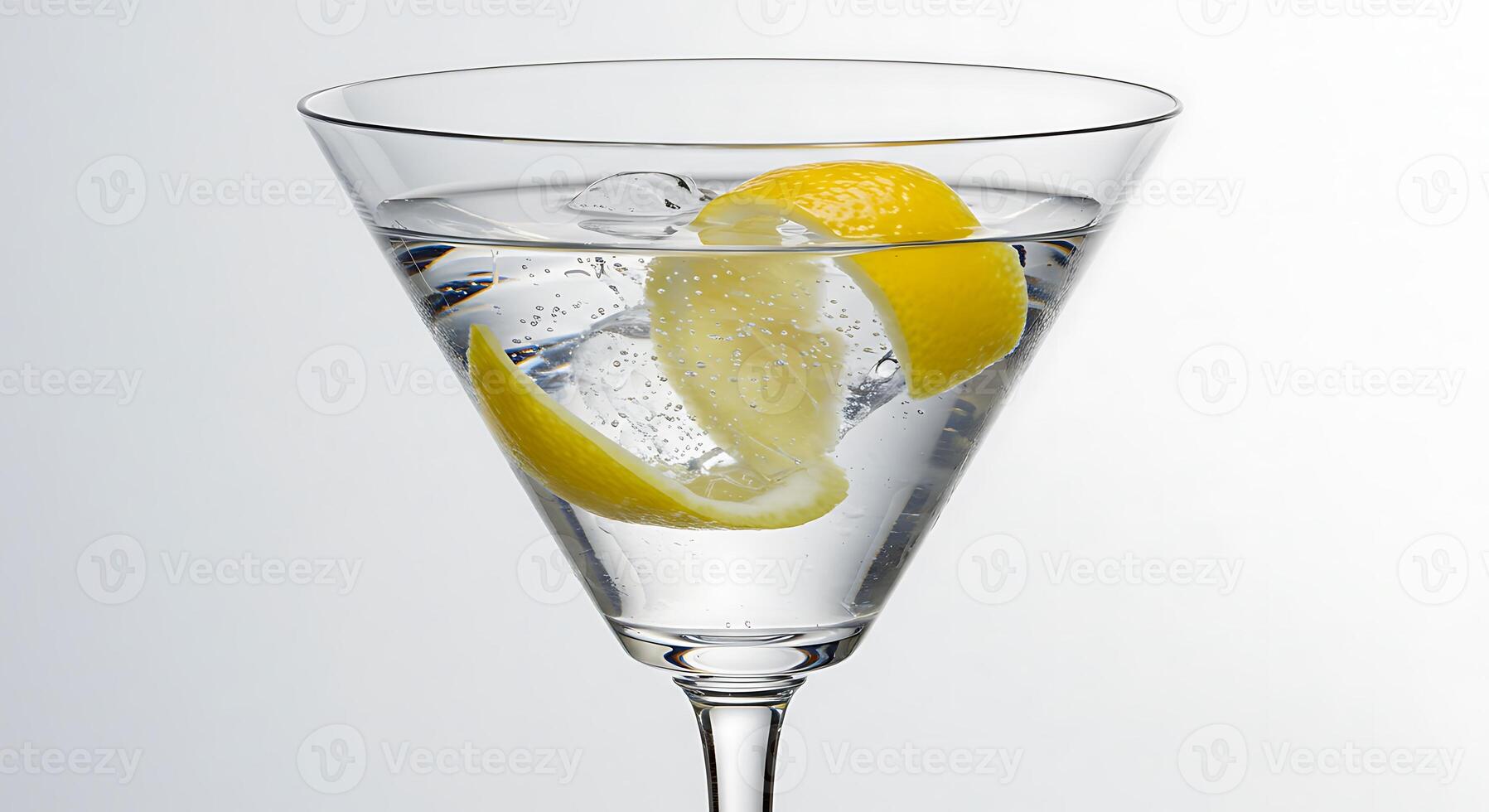 Clear Cocktail in Glass with Lemon Twist and Ice Cube Inside photo