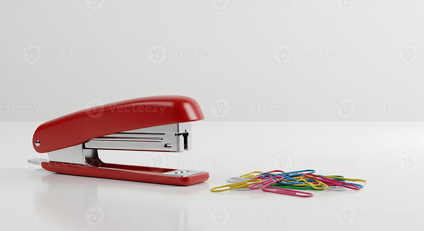 Red Stapler with Colorful Paperclips on White Desk Office Still Life photo