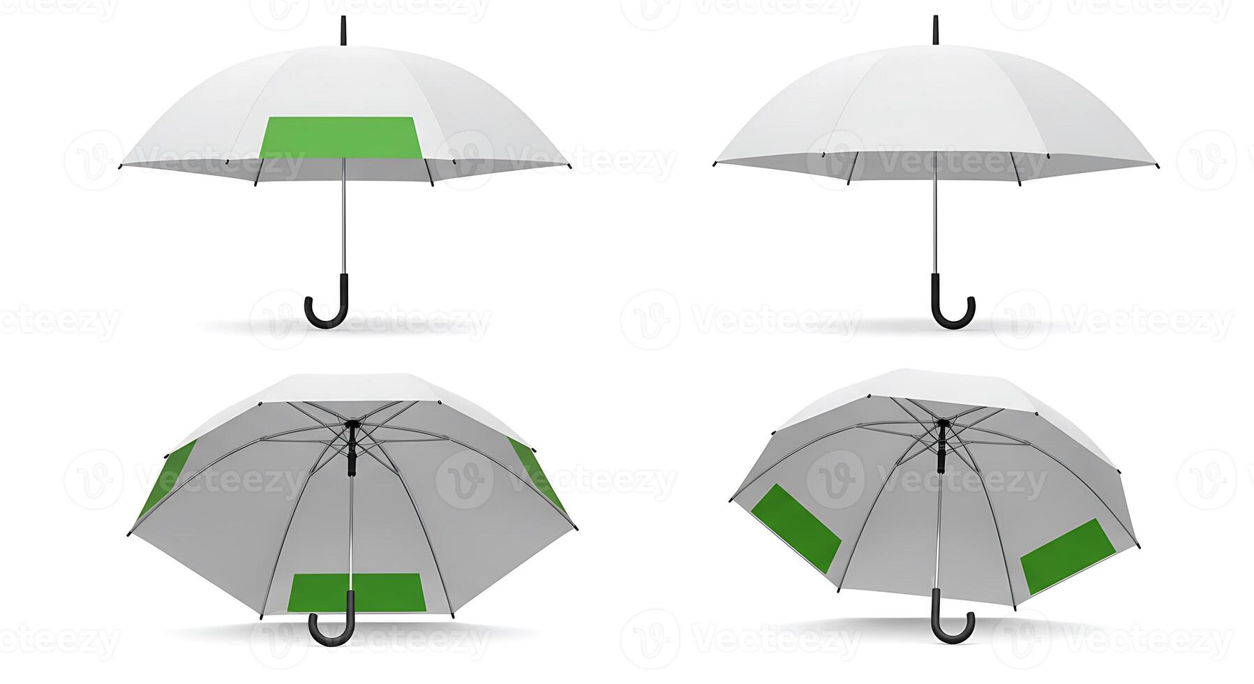 White Umbrellas Collection with Green Panels Four Different Angles Displayed photo