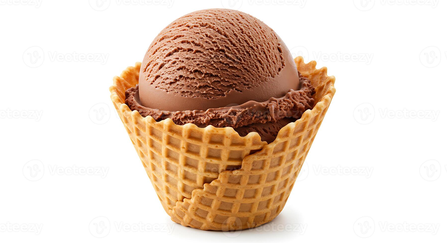 Chocolate Ice Cream Scoop in a Waffle Cone Isolated on White photo
