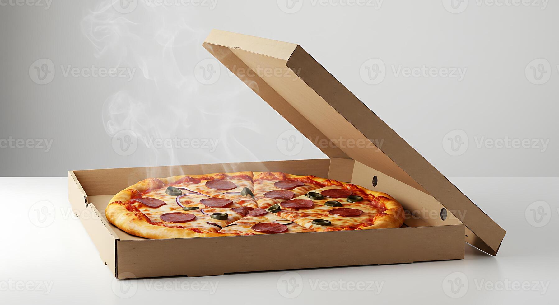 Fresh Hot Pizza in Open Box with Rising Smoke Concept photo