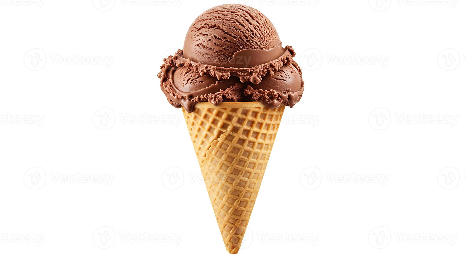 Chocolate Ice Cream Cone with Three Scoops Isolated on White photo
