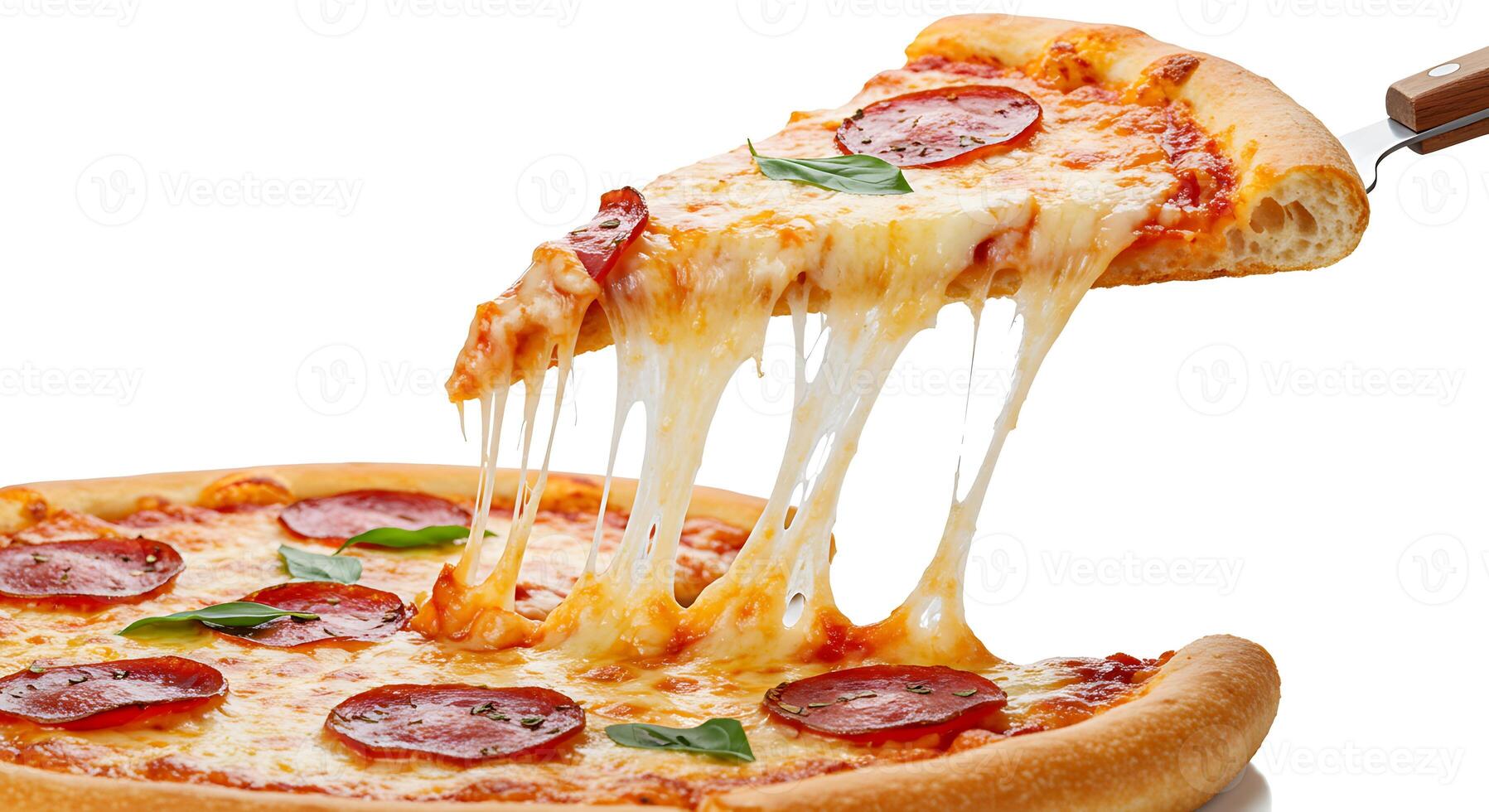 Serving Slice of Delicious Pepperoni Pizza with Melting Cheese Pull photo