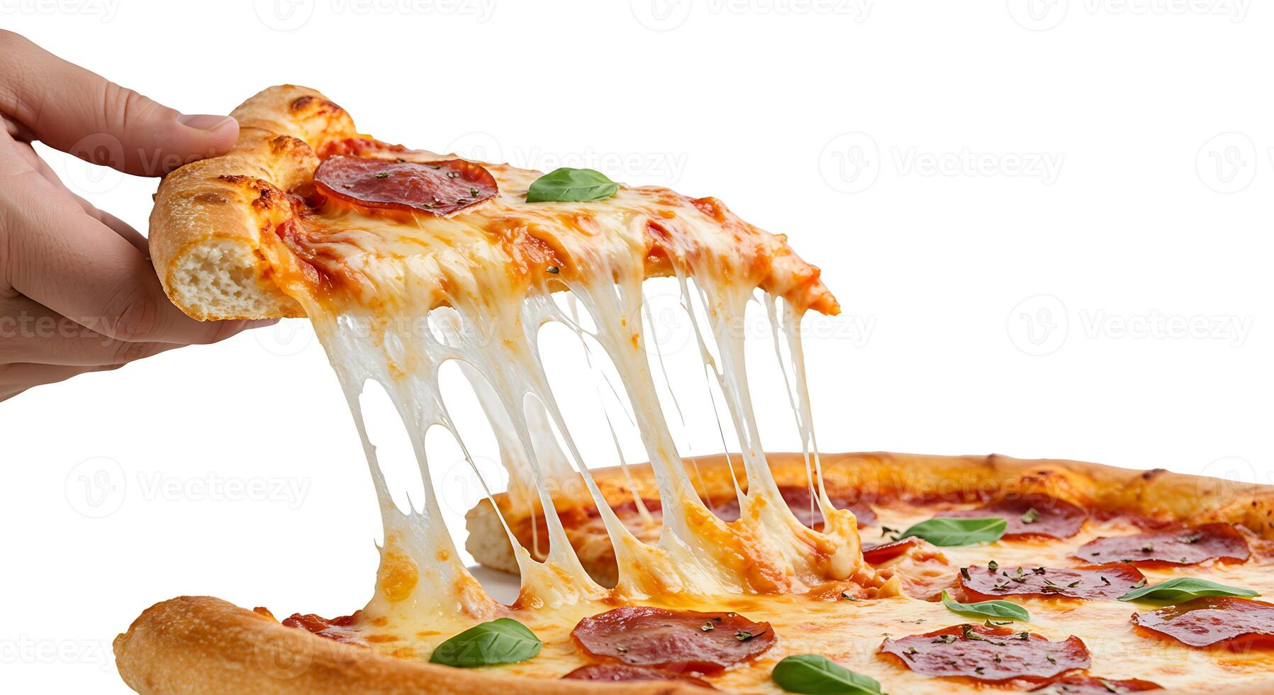 Holding Pizza Slice with Melted Cheese in Hand Isolated photo