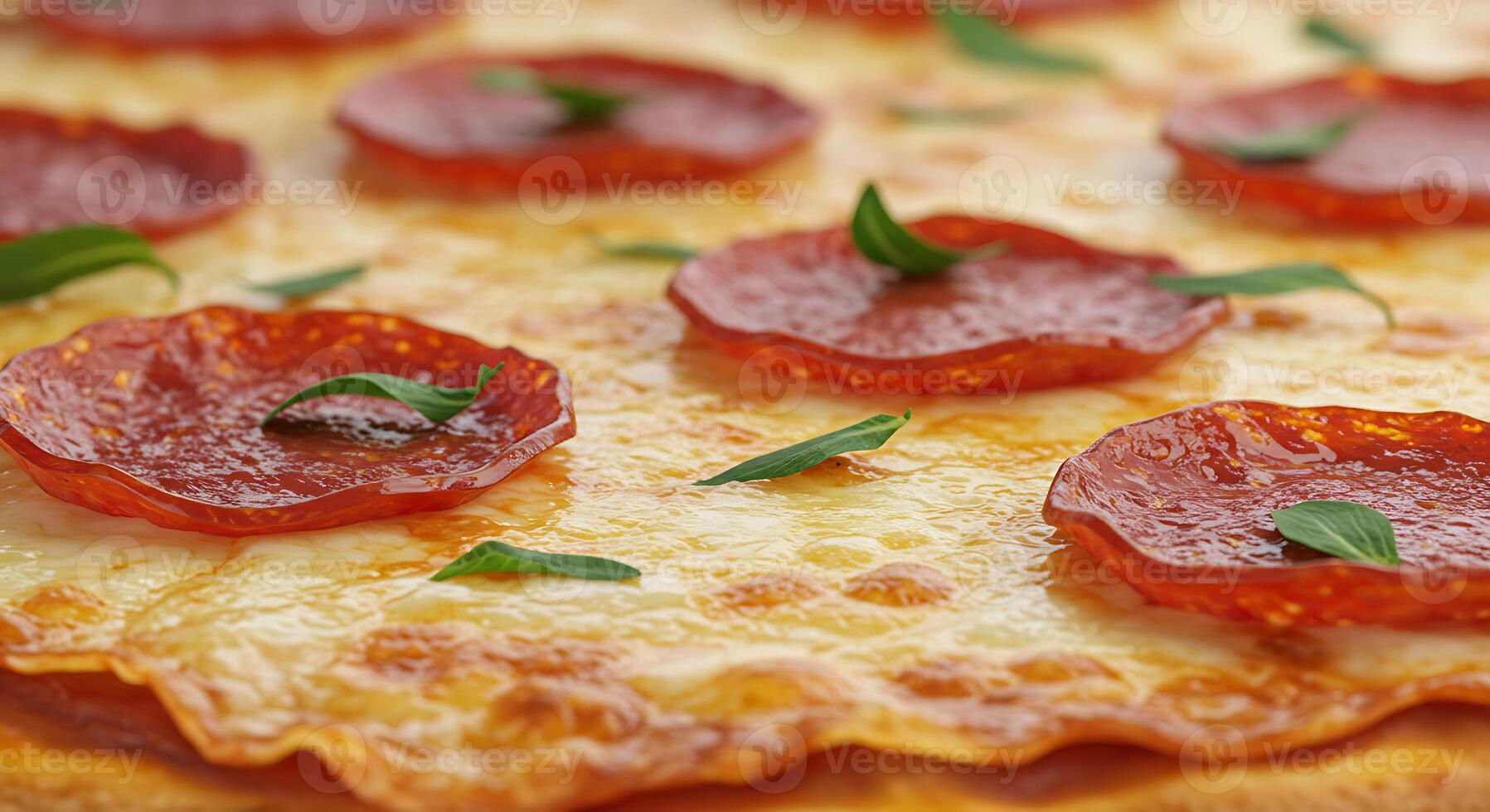 Close Up of Pepperoni Pizza Topped with Basil Leaves Ready to Eat photo