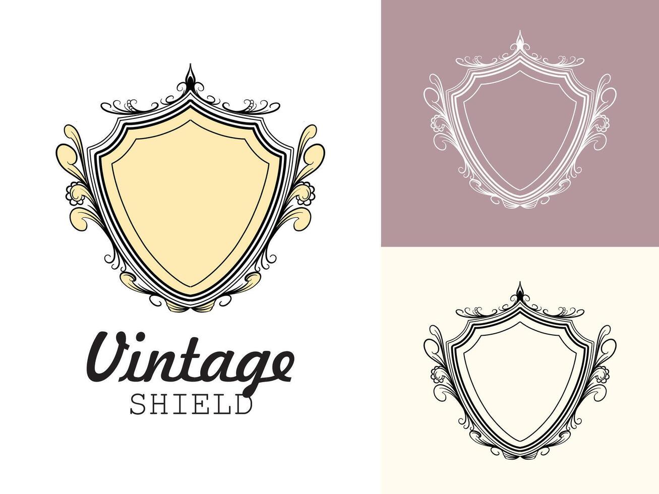 shield with decorative elements. Coat of arms, heraldry, emblem, symbol. Made in vintage style. Line art. illustration vector