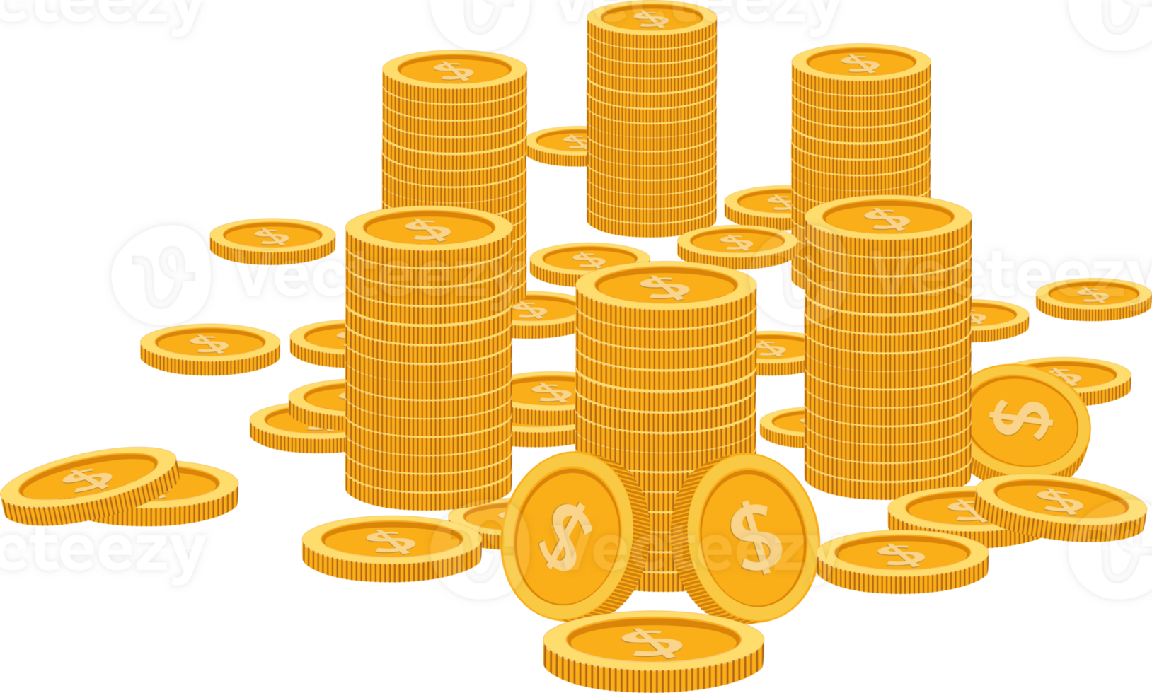 Stacks of golden coins illustrates financial success on isolated transparent background png