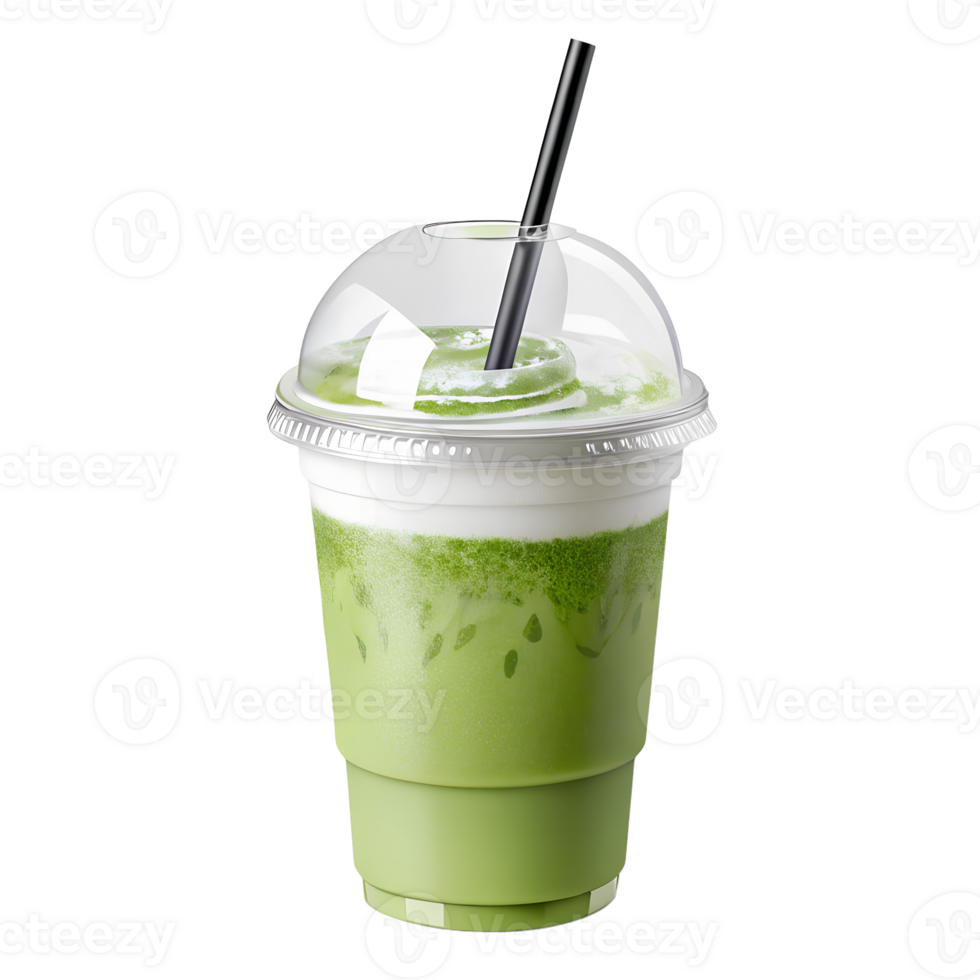 Refreshing Matcha Latte, a creamy dreamy delight in a clear plastic cup with a black straw, perfect for a summer day. png
