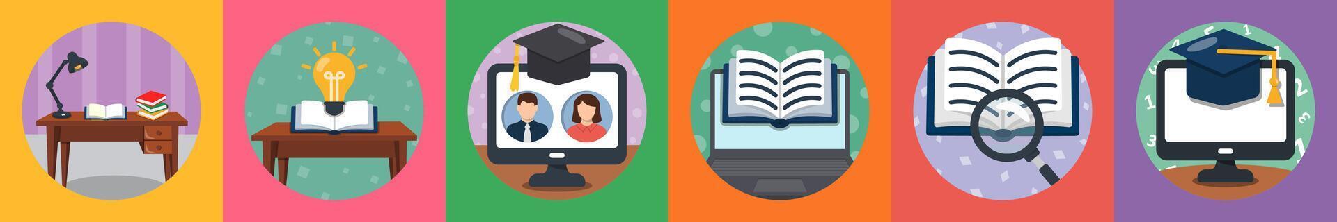 A set of 6 mix icons as study table, knowledge, online learning vector