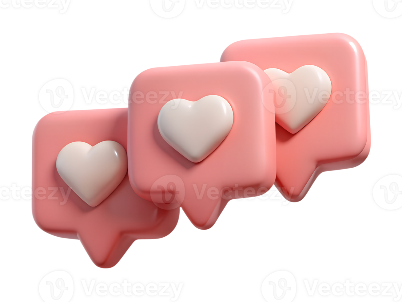 Three pastel pink speech bubbles carrying creamy hearts, symbolizing online connection and digital affection in a playful 3D style. png