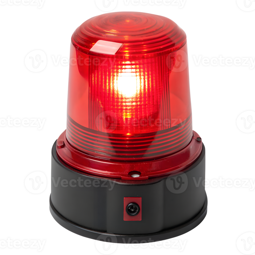 A bright red emergency beacon pulsating with urgent warning, a symbol of immediate attention and potential danger, showcasing a powerful light within its translucent dome. png