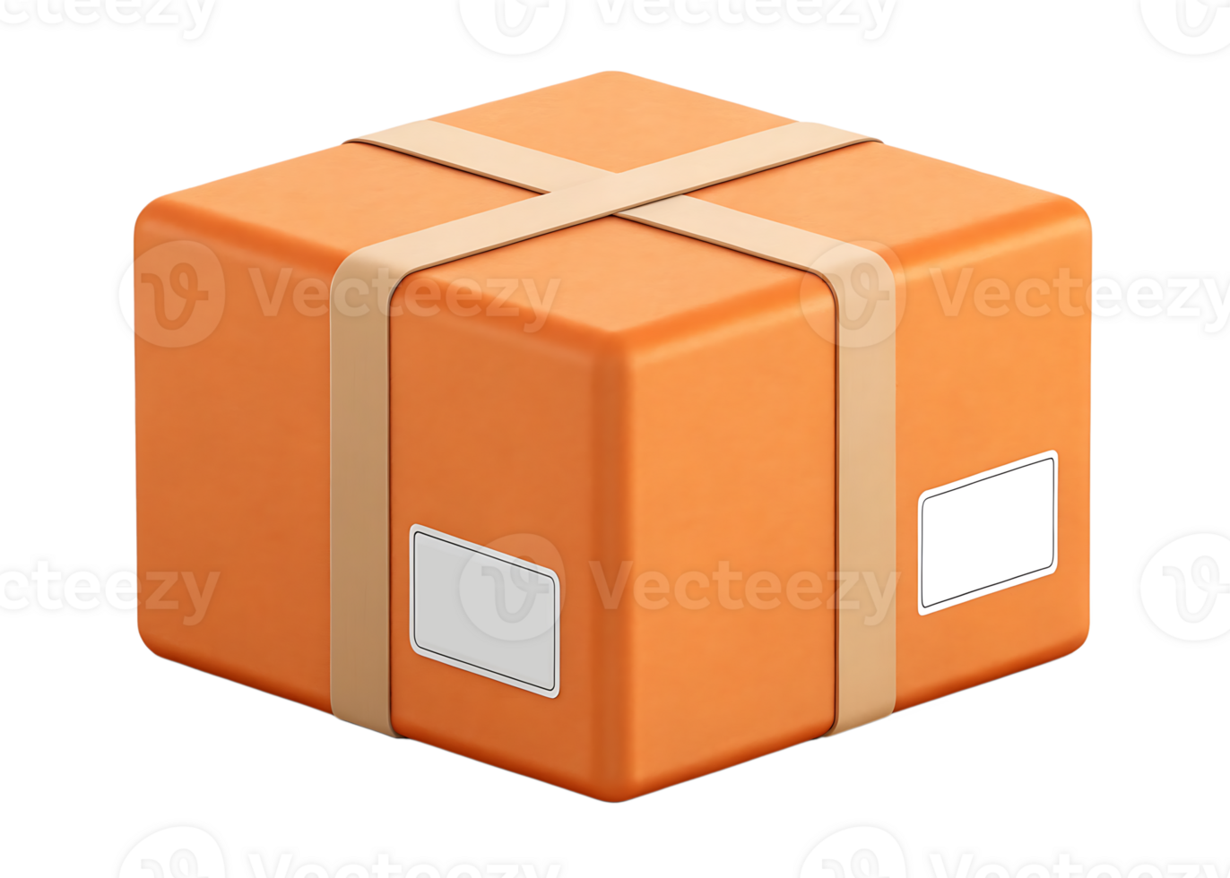 Orange cardboard shipping box with tape and labels transparent on isolated Transparent background png