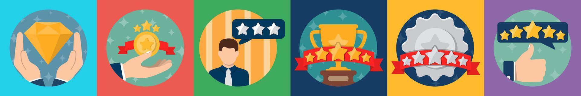 A set of 6 mix icons as gem, customer satisfaction, star rating vector