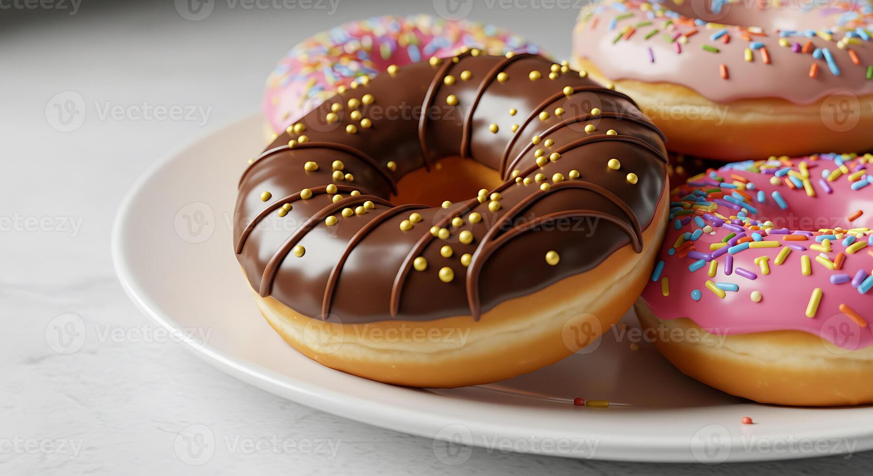 Delicious Assorted Doughnuts on a Plate with Chocolate and Sprinkles photo