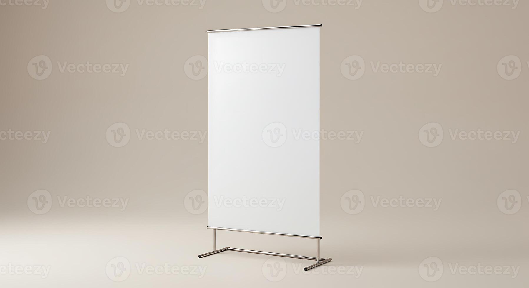 Blank White Roll Up Banner Stand on Neutral Background for Display photo