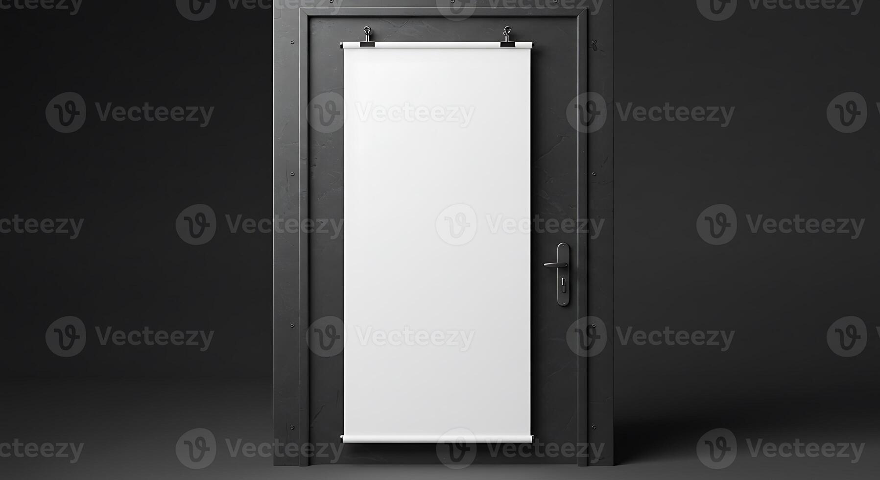 Displaying a Blank White Banner Hanging on Dark Door Mockup photo