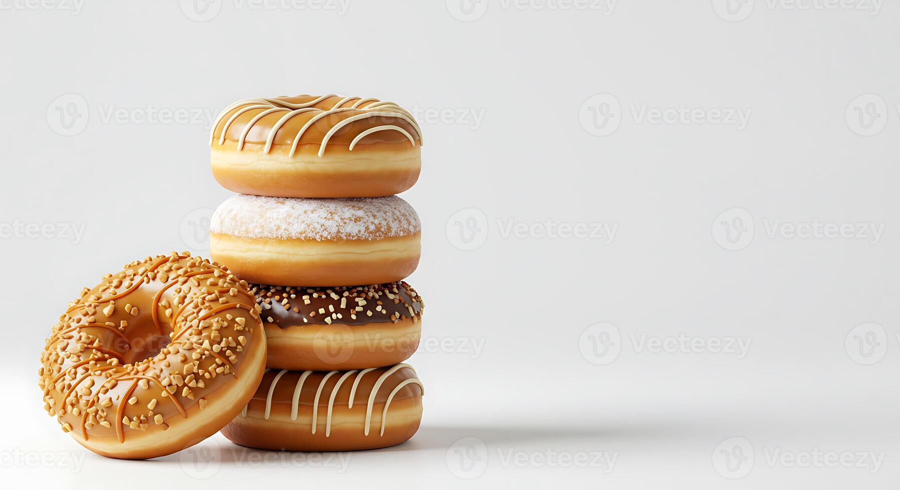 Stacked Delicious Doughnuts with Different Flavors and Toppings on White Background photo