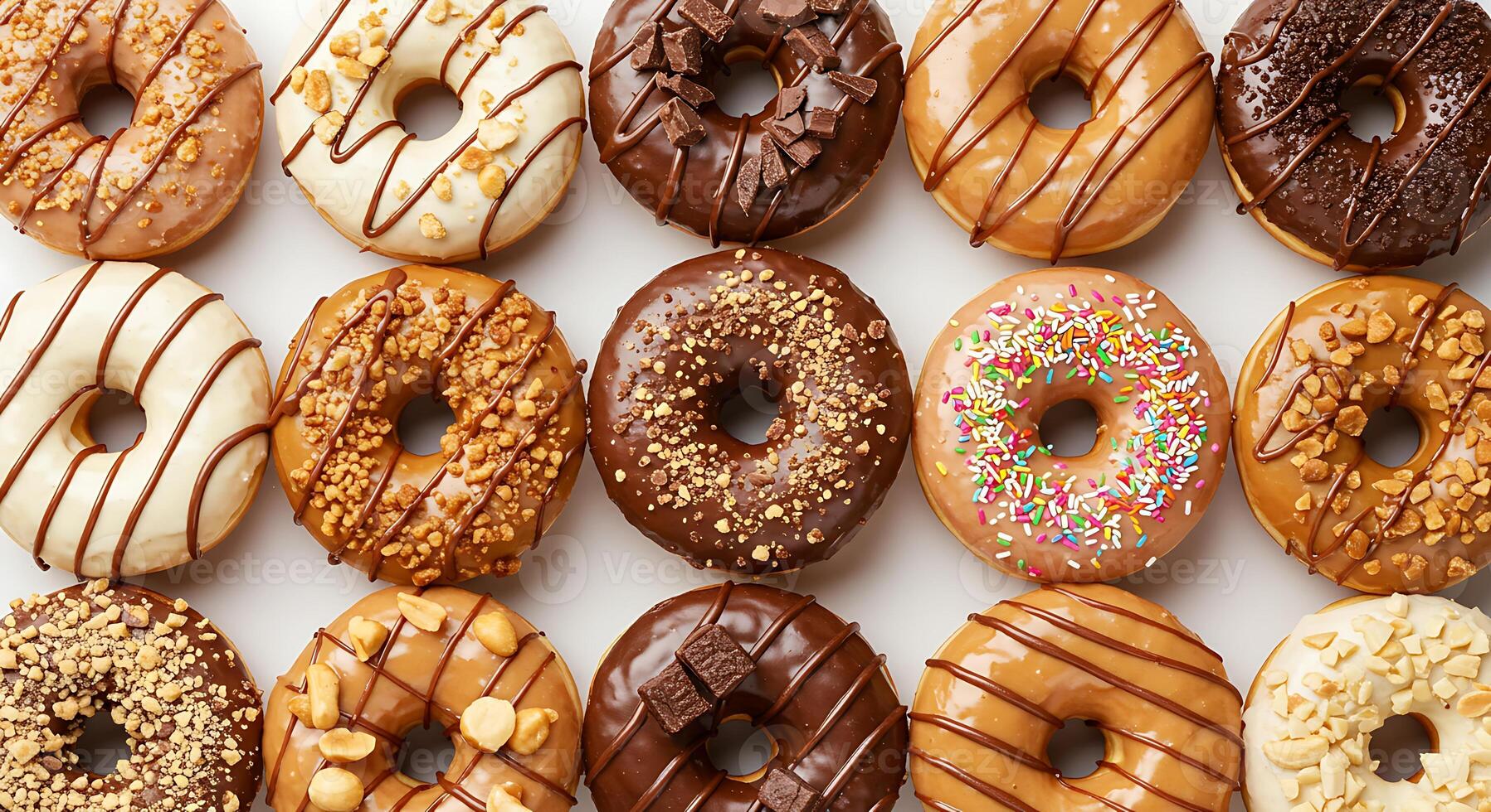 Arrangement of Many Delicious Donuts with Various Toppings and Icing photo