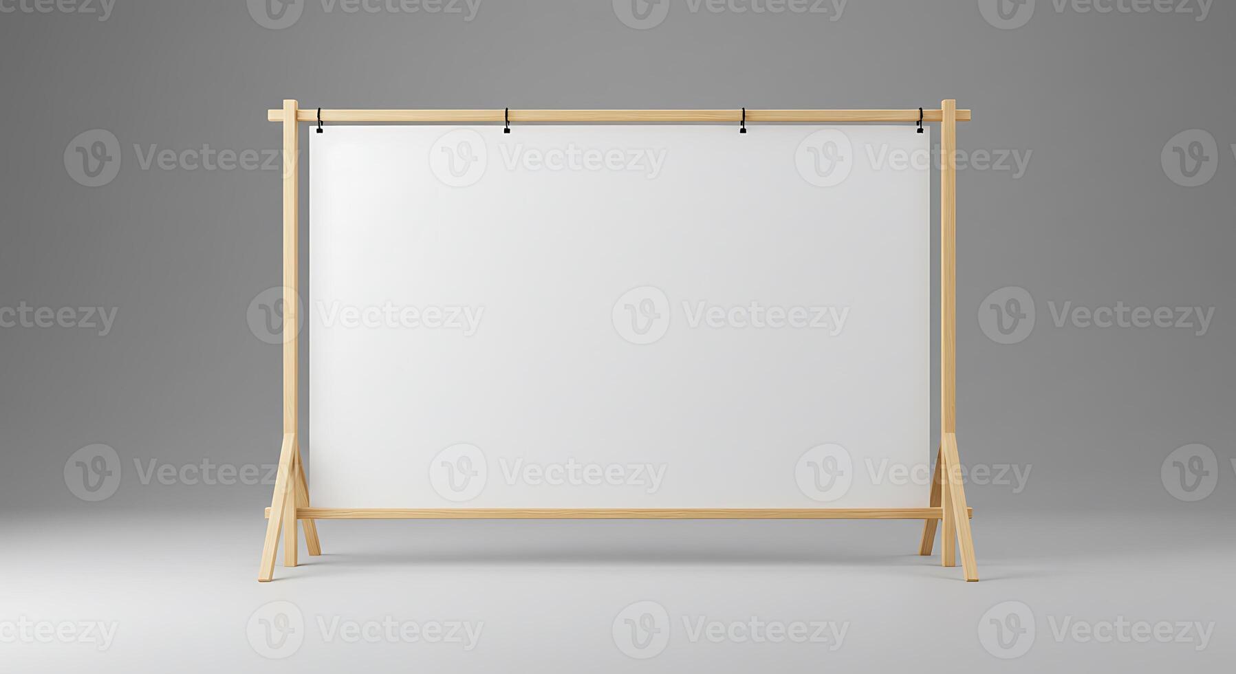Displaying Blank White Canvas on Wooden Stand in Simple Studio photo
