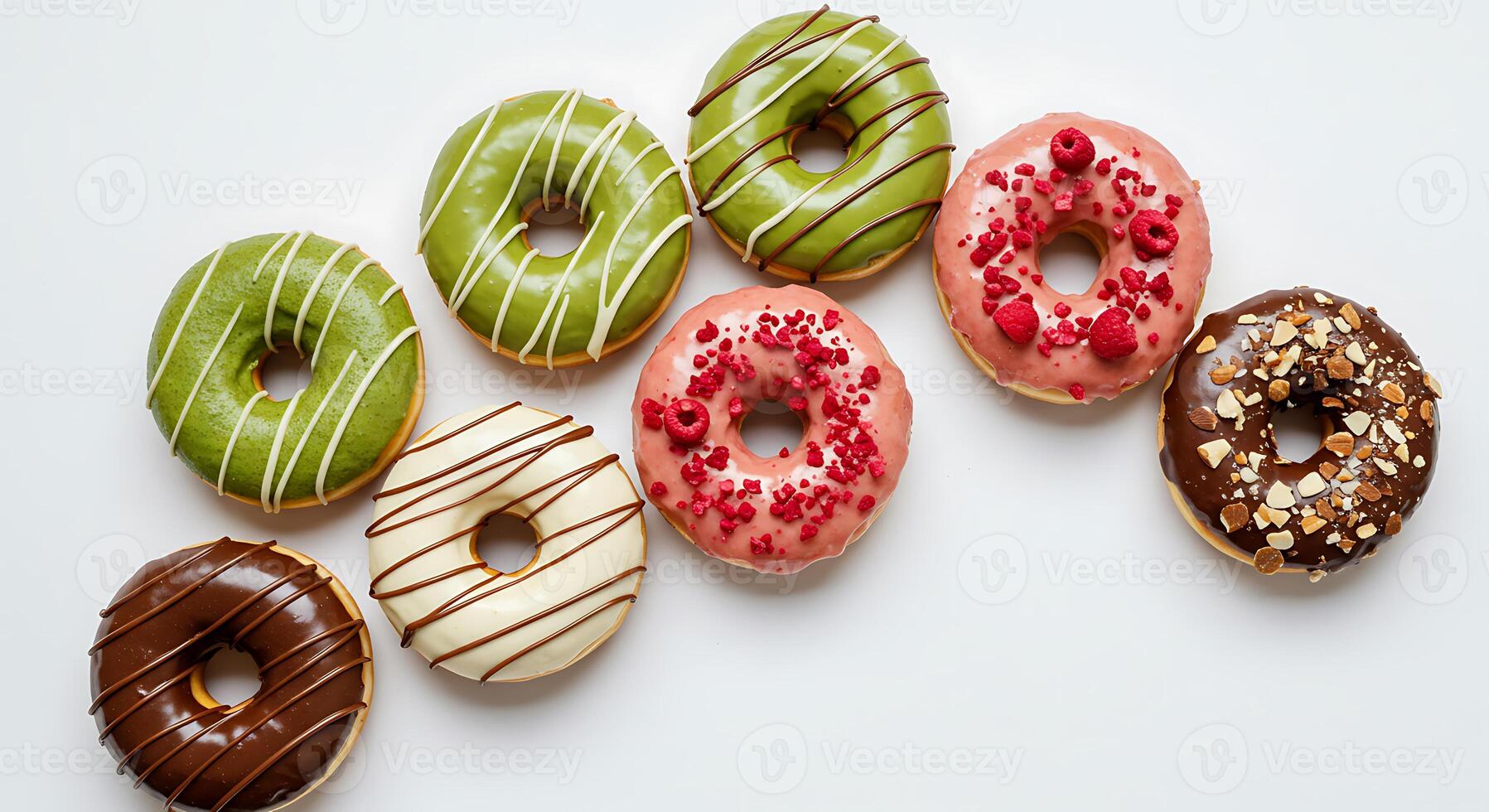 Delicious Assorted Donuts Displayed on White Background Ready to Eat photo