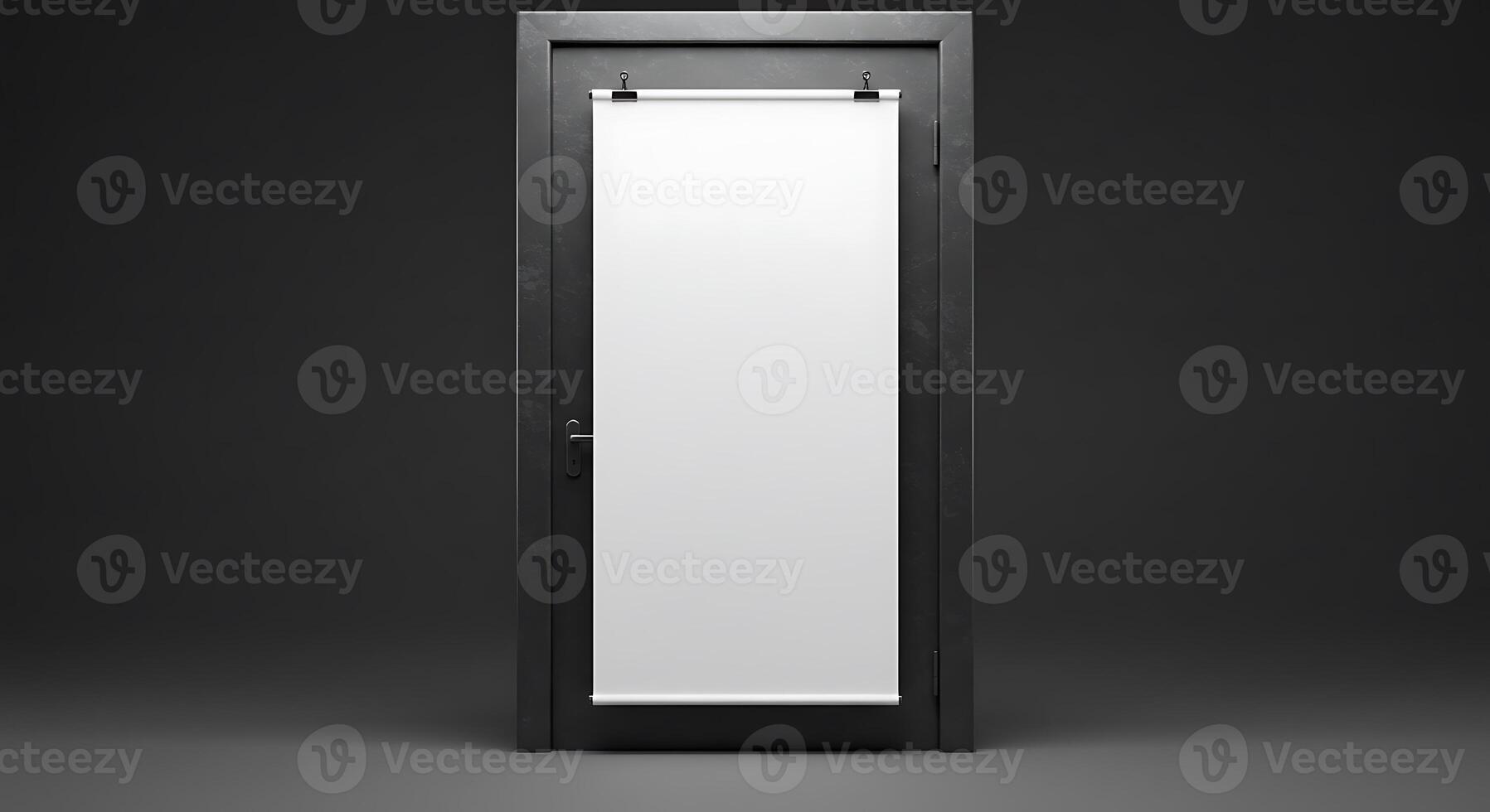 Doorway with Blank White Poster Mockup Against Dark Gray Wall photo