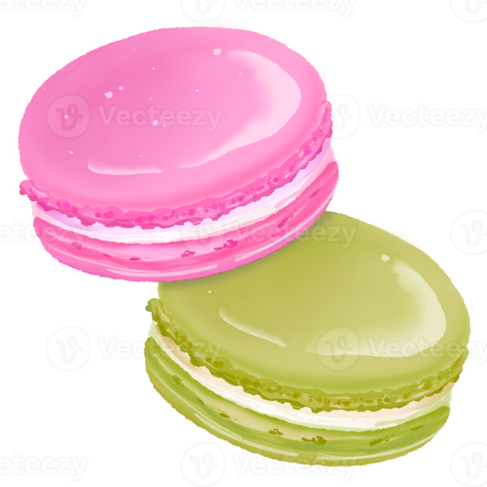 Two pink and green macarons on a transparent background png