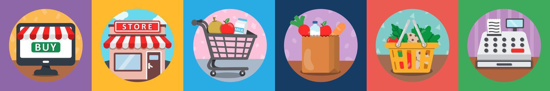 A set of 6 mix icons as online buy, store, grocery vector