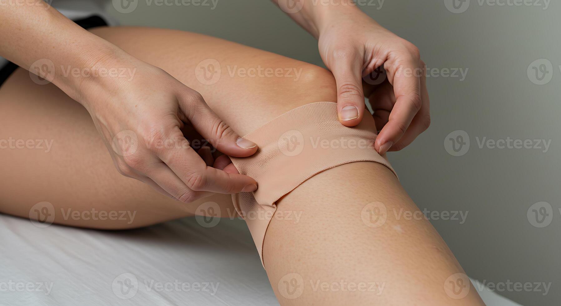 Applying Flexible Bandage to Knee for Support and Therapy photo