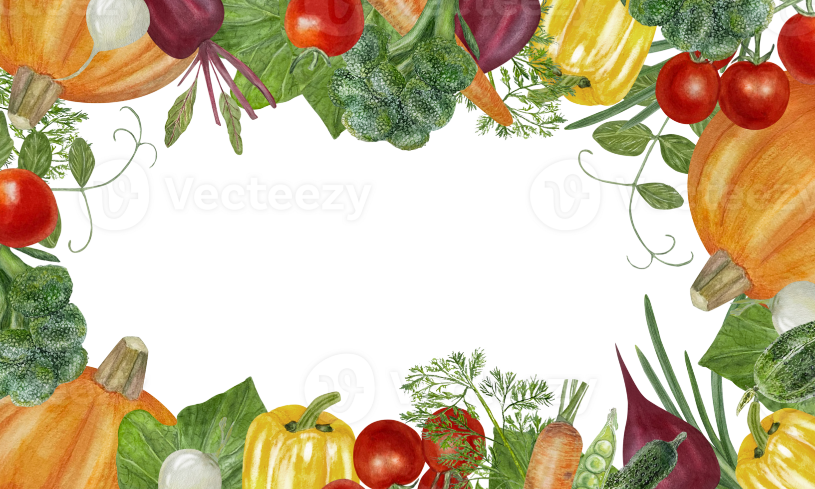 Fall vegetables harvest watercolor rectangle frame isolated. Farm plants template for rustic farm designs. Orange pumpkin, bell pepper, and cherry tomatoes with green leaves. png