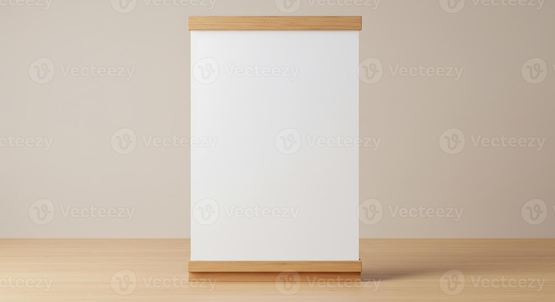 Simple Whiteboard with Wood Frame on Wooden Table Presentation Mockup photo
