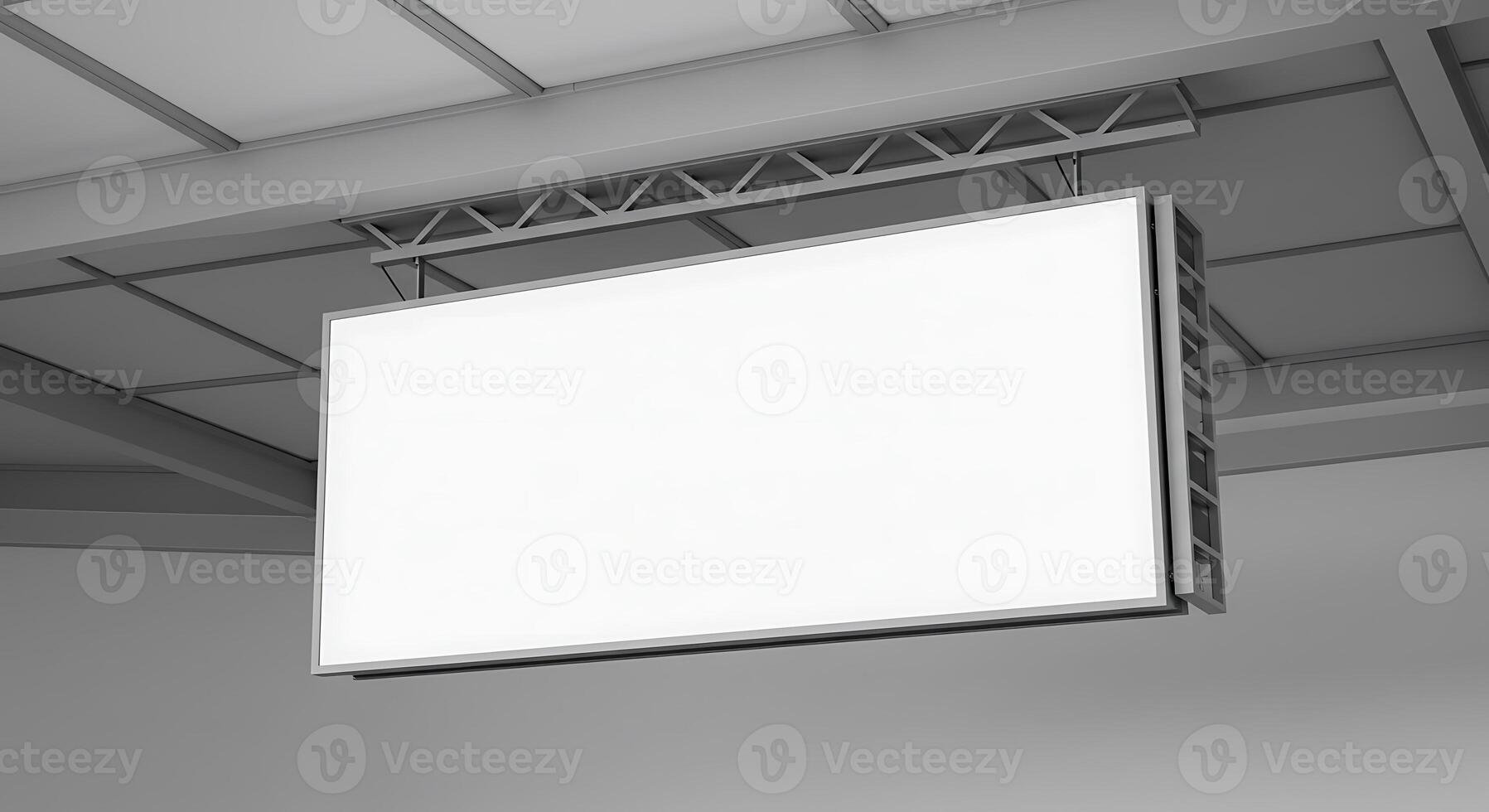 Hanging Illuminated Sign Against Gray Ceiling Space Mockup Template photo