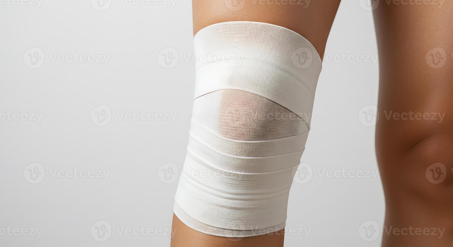 Applying White Bandage Wrap to Knee for Support and Injury Treatment photo