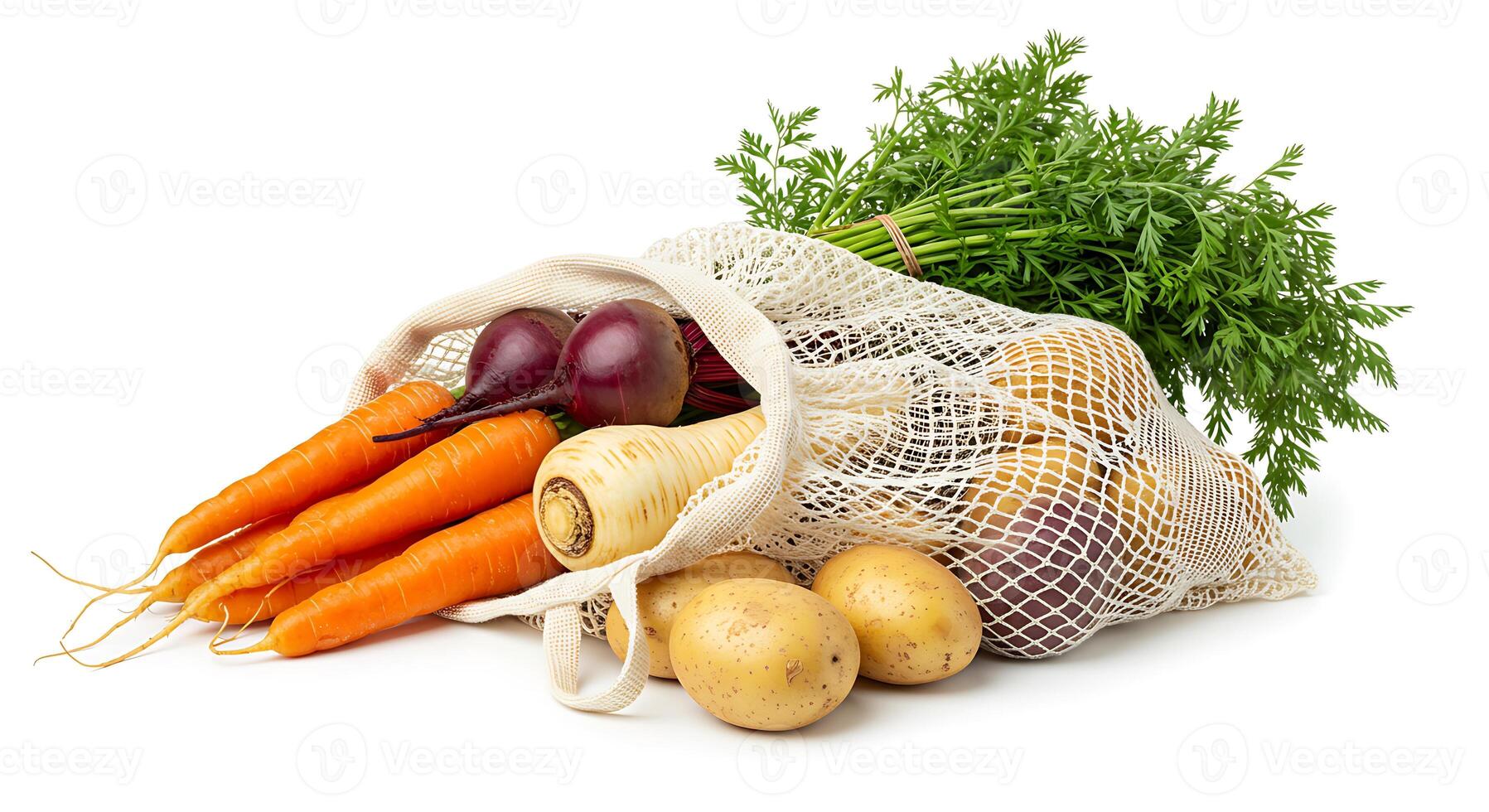 Fresh Vegetables in Reusable Mesh Bag Organic Produce Isolated photo