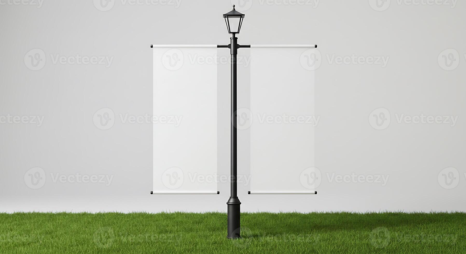 Blank Banner Mockup on Lamp Post in Green Grass Display photo