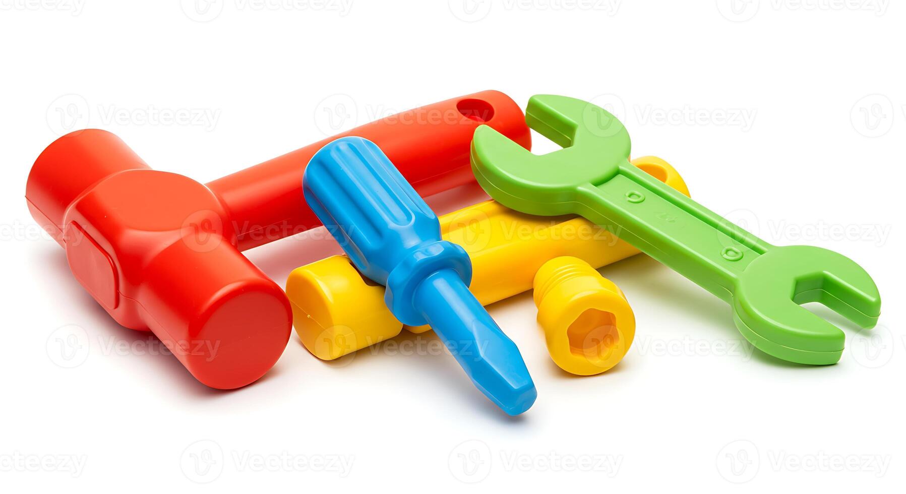Colorful Plastic Toy Tools Displayed on a Plain White Surface photo