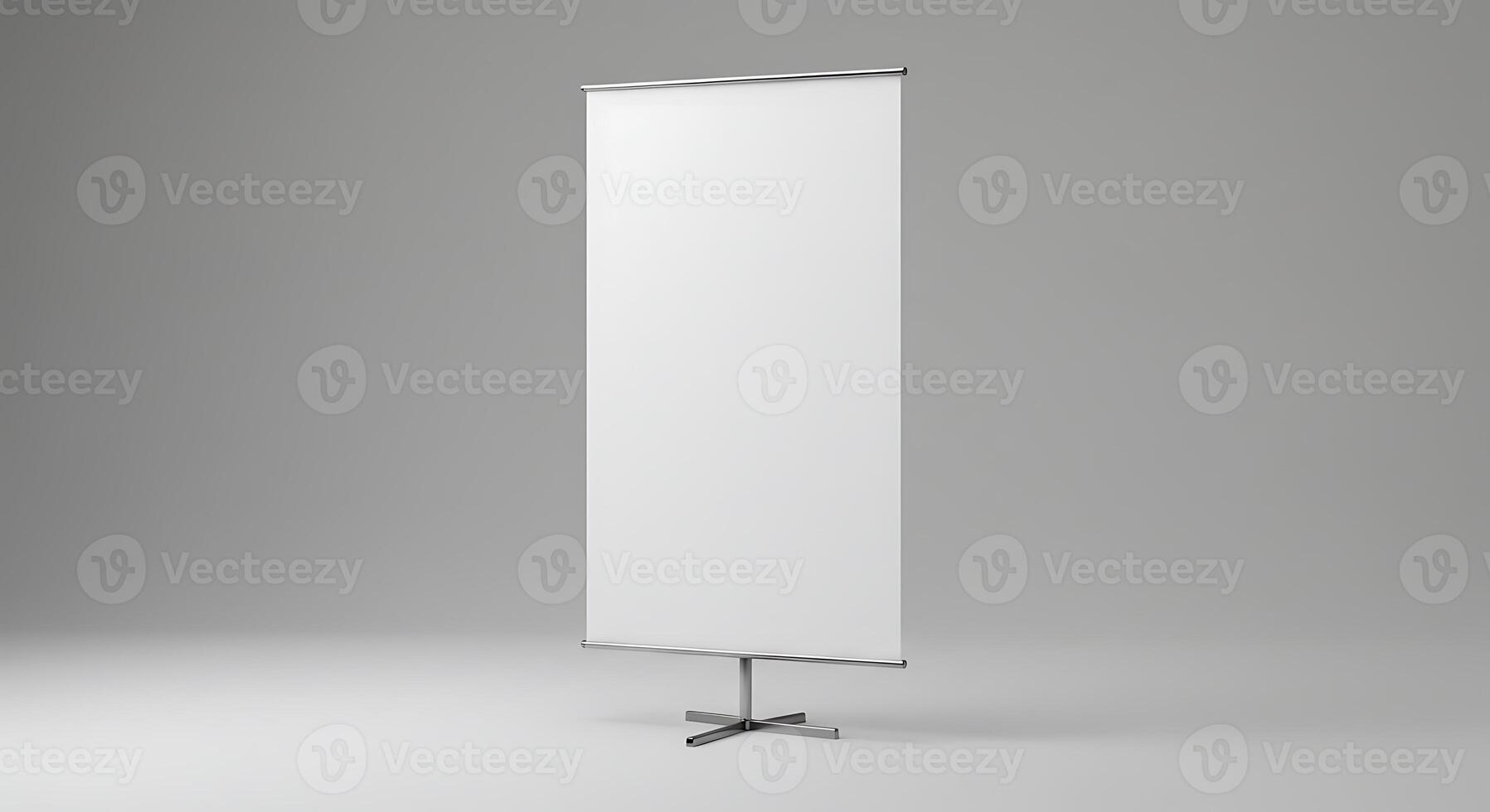 Blank Roll Up Banner Stands Tall on a Plain Studio Backdrop photo