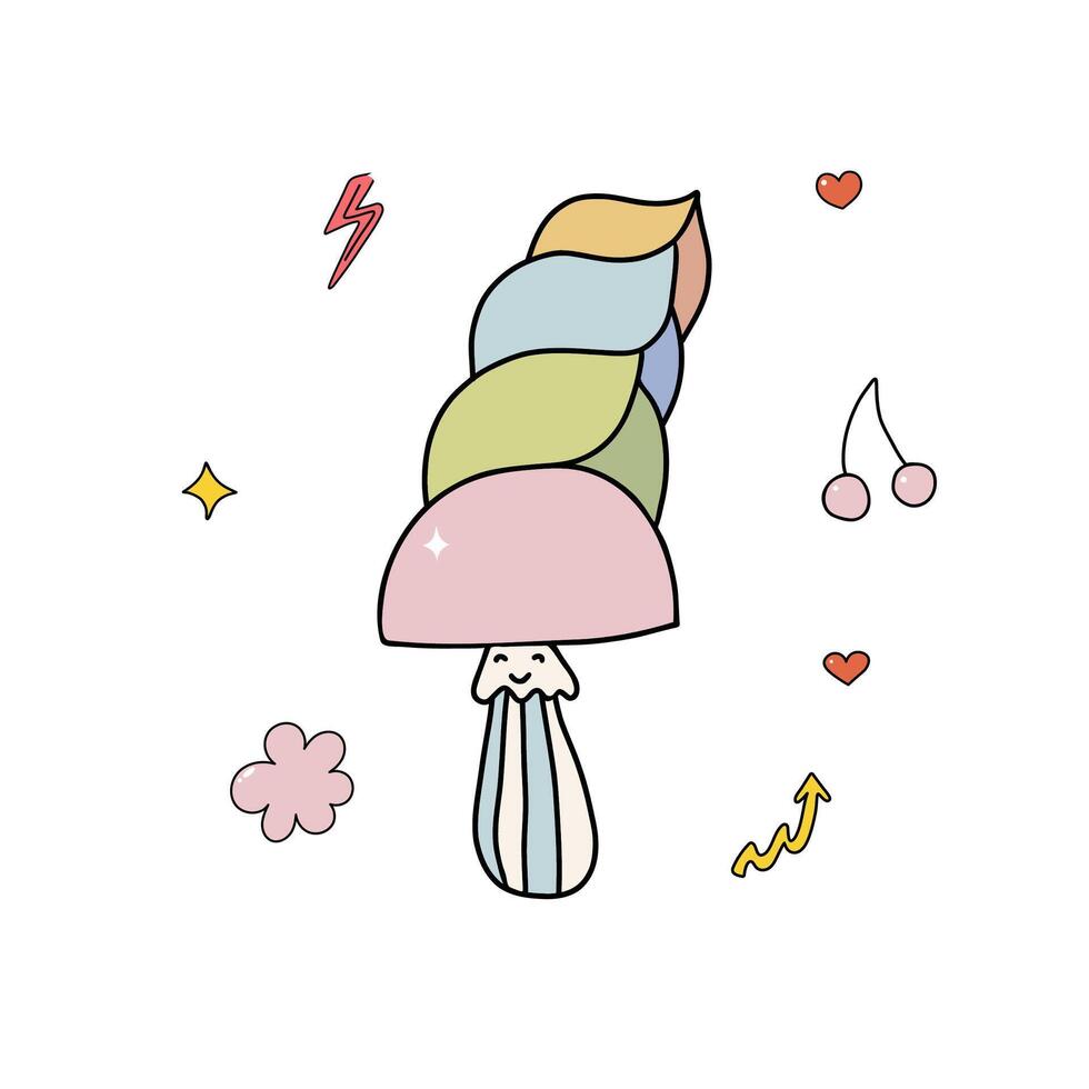 hand-drawn funny cute comic character mushroom in doodle groovy style vector