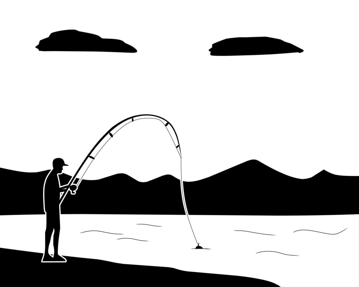 Silhouette of a fisherman with a curved rod near a lake, with mountain and cloud background. Ideal for fishing, hobby, nature, or outdoor activity designs vector