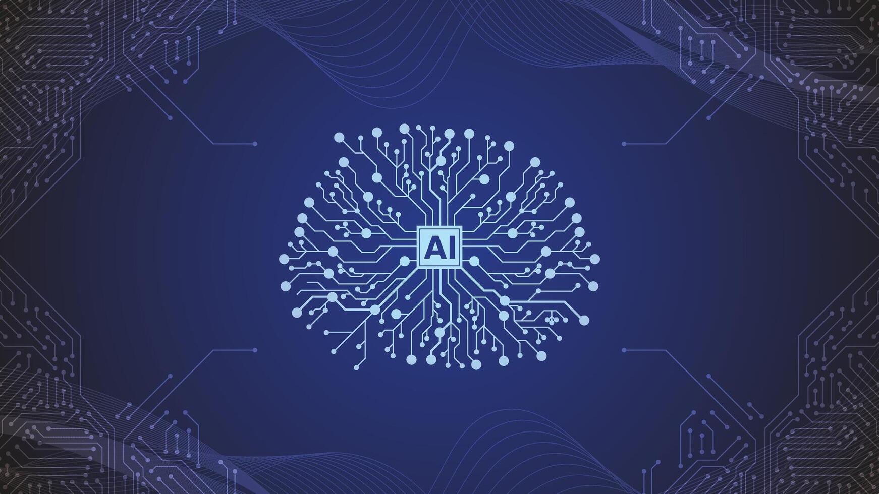 Artificial Intelligence. Big Data And Ai Circuit Concept. Machine Learning And Cyber Mind Domination Concept In Form Of Digital Brain Outline With Circuit Board And Binary Data Flow On Blue Background vector